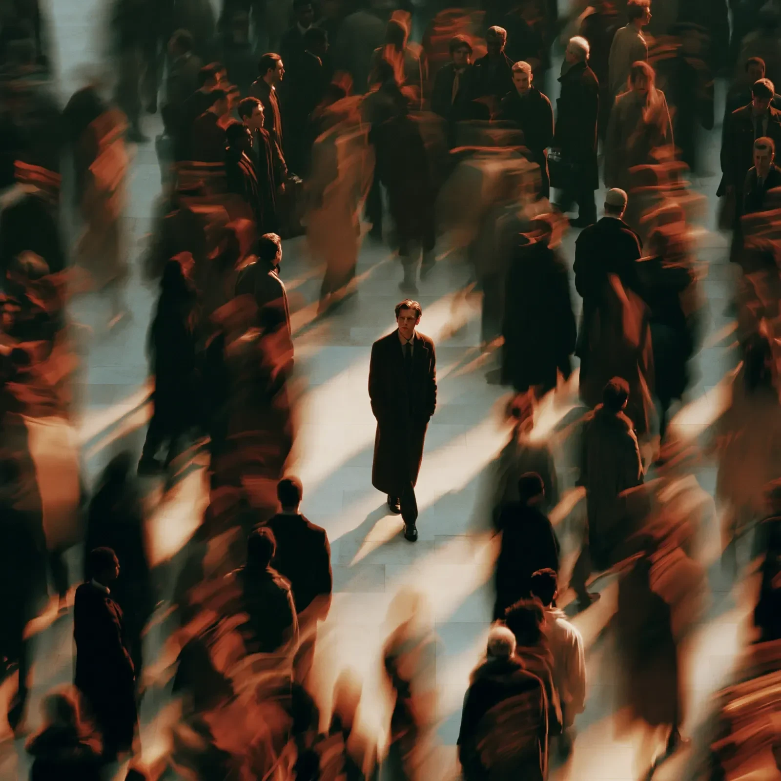 A crowd blurs past while one person stands still, in sharp focus
