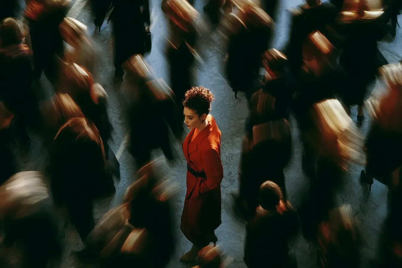 A woman in red walks through a busy office while everyone else blurs past